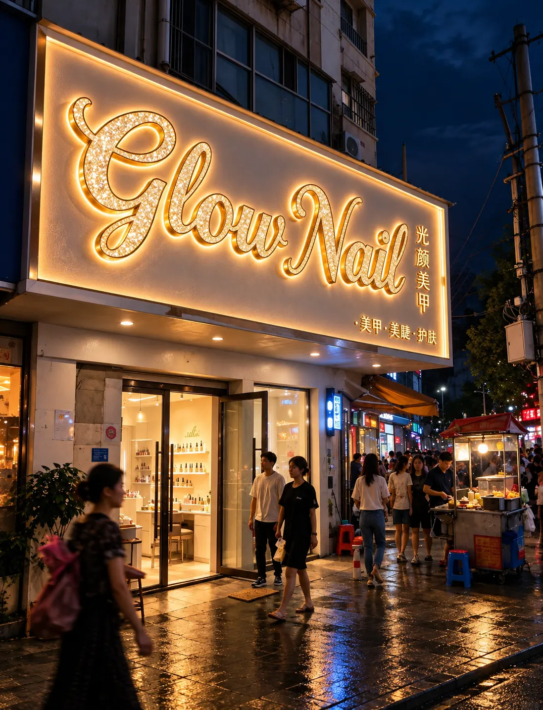 Golden star-effect illuminated nail salon sign