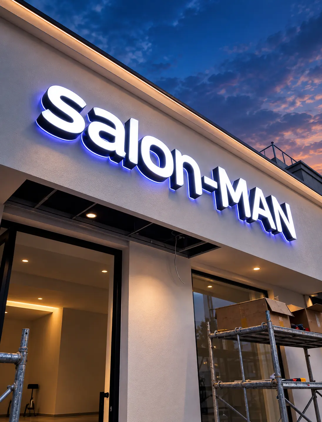 White illuminated salon letters with blue halo